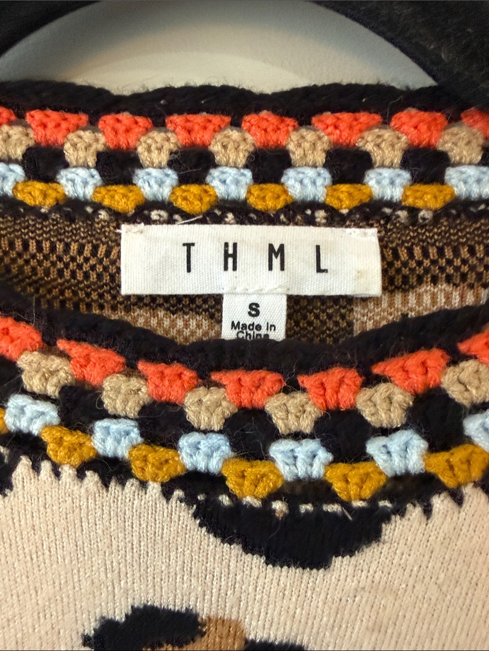 THML Cream Leopard-Print Crewneck Sweater with Crochet Multicolor Trim S - Picture 3 of 5